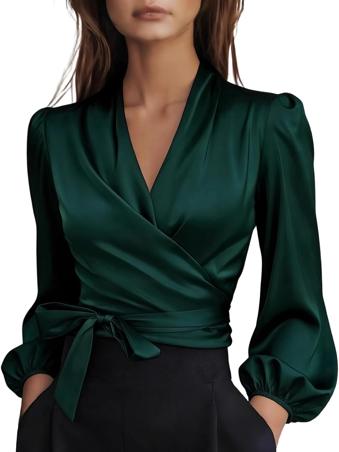 Silk Blouse for Women Elegant Wrap Satin Shirt Sexy Criss Cross Neck Long Sleeve Tie Waist Office Cocktail Formal Top