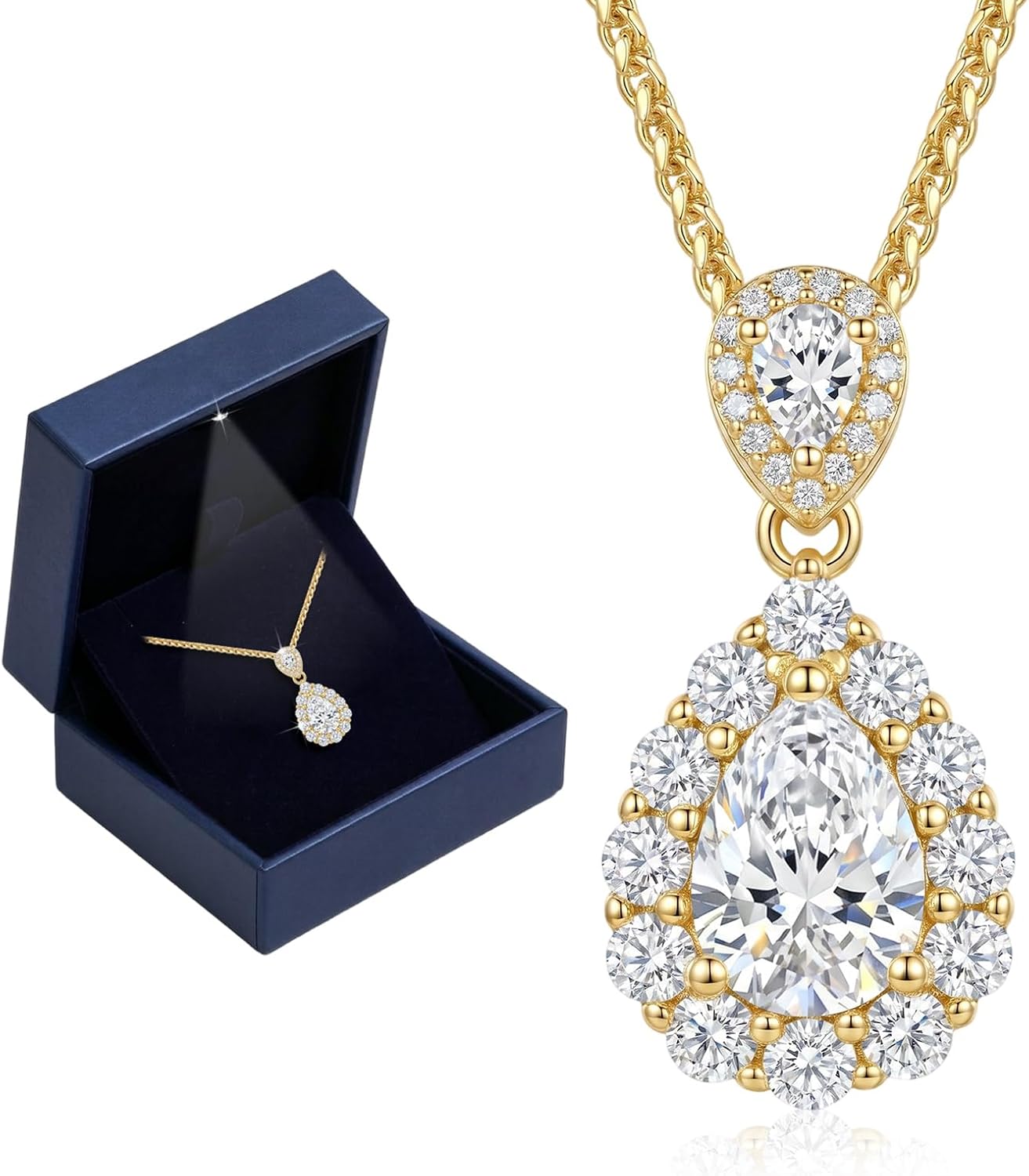 1.5ct Moissanite Necklace for Women, S925 Sterling Silver 18K Gold Plated Teardrop Pendant in Light-up Box, Anniversary Wedding Gift for Wife Her Girlfriend, Birthday Gifts for Women Jewelry