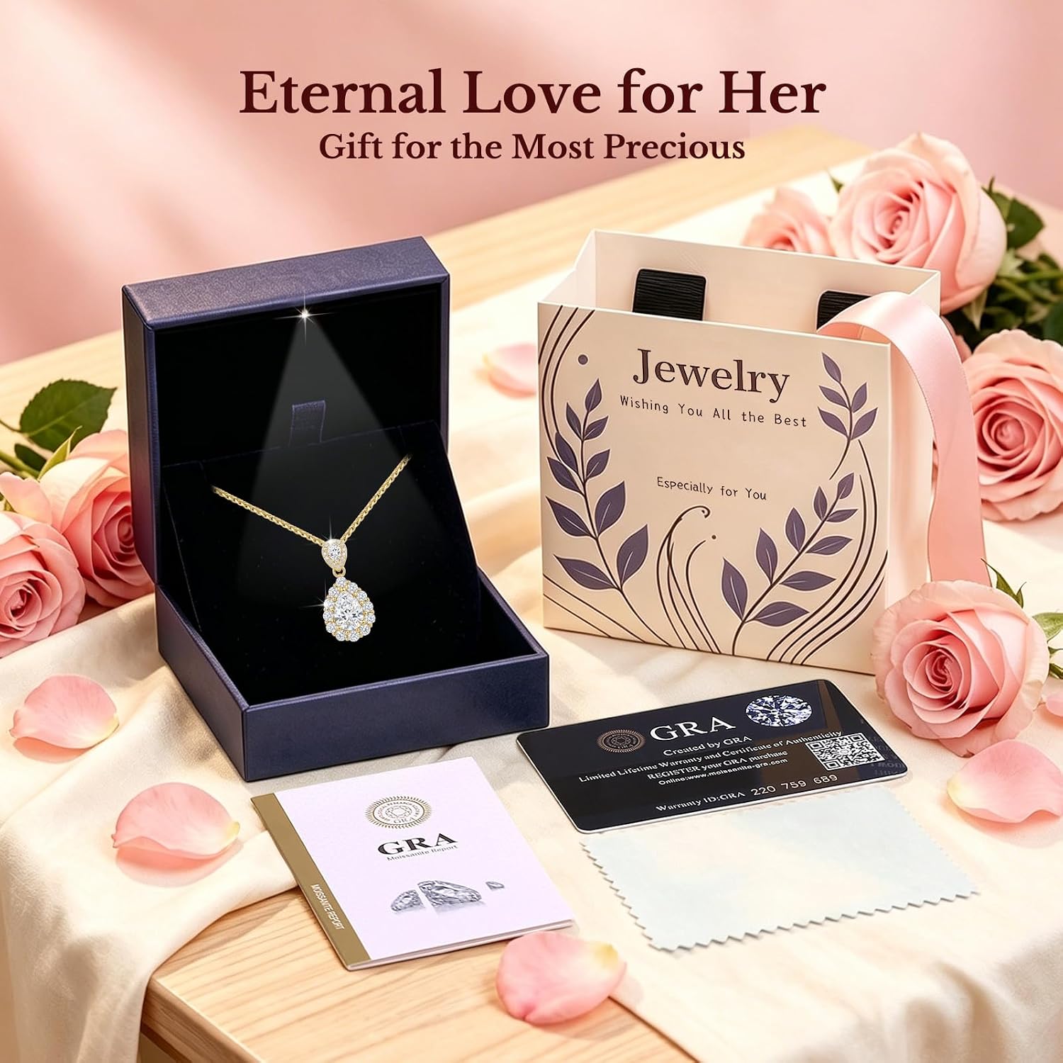 1.5ct Moissanite Necklace for Women, S925 Sterling Silver 18K Gold Plated Teardrop Pendant in Light-up Box, Anniversary Wedding Gift for Wife Her Girlfriend, Birthday Gifts for Women Jewelry