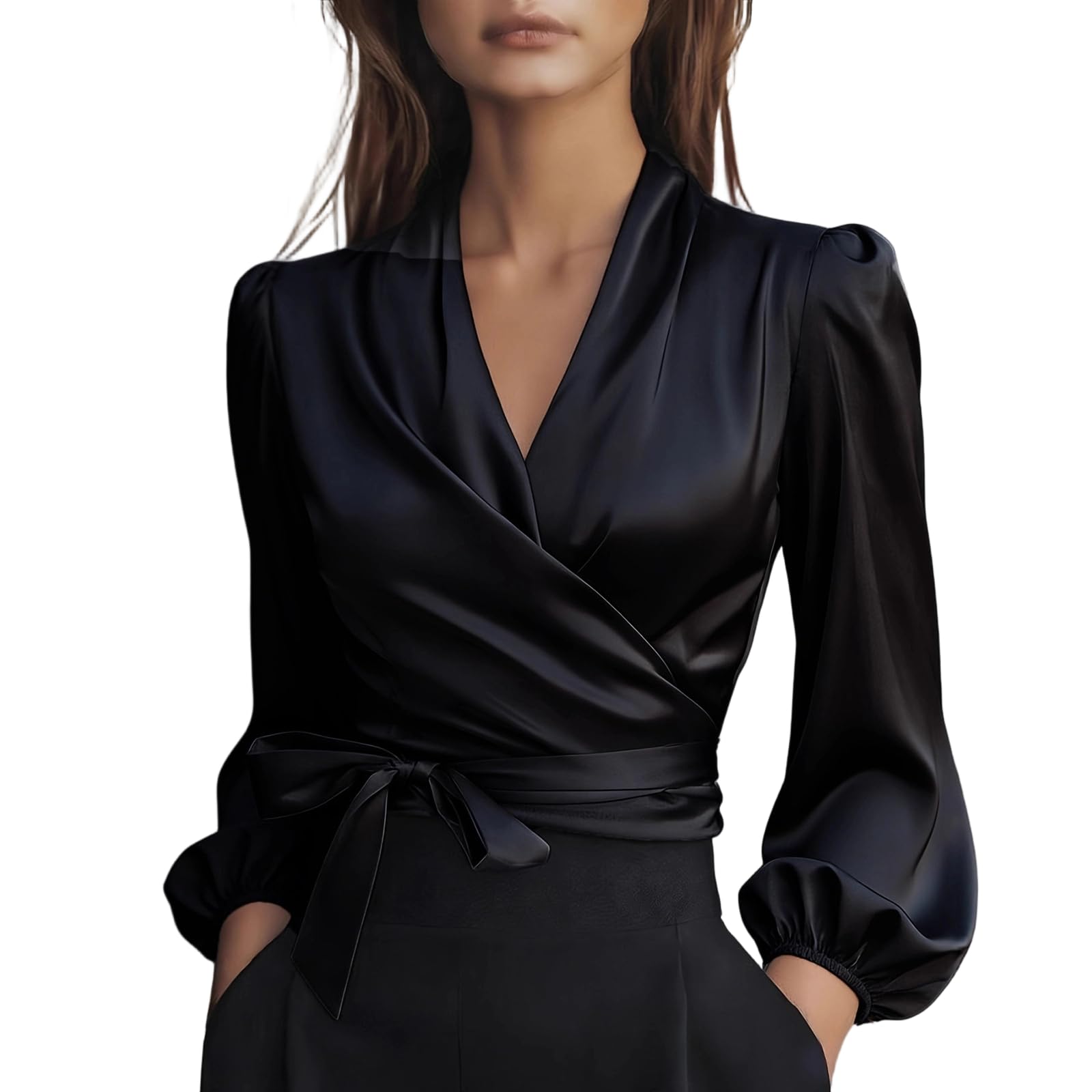 Silk Blouse for Women Elegant Wrap Satin Shirt Sexy Criss Cross Neck Long Sleeve Tie Waist Office Cocktail Formal Top