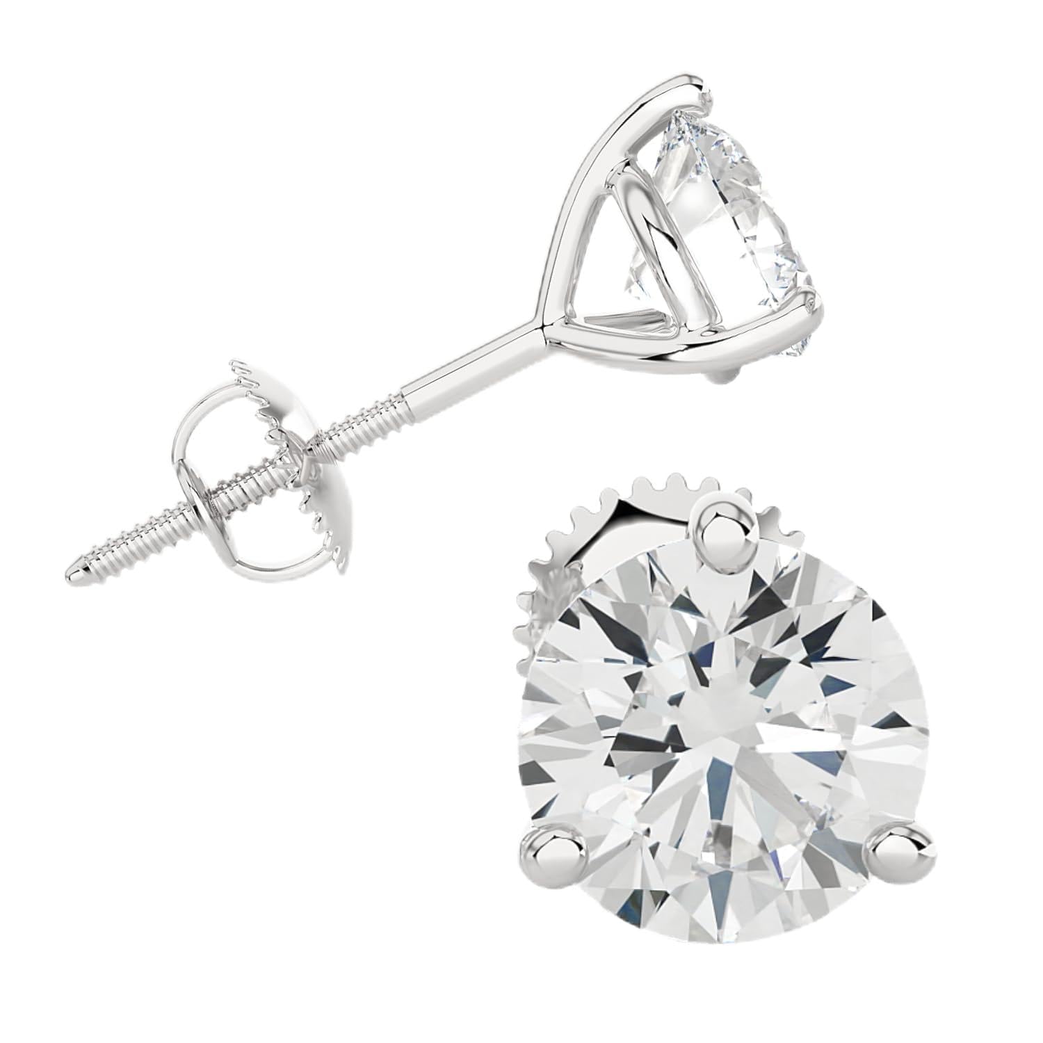 PRIVOSA — Lab Grown Diamond Stud Earrings for Women - 14K White Gold 3 Prong Martini Set - Screw Back Post - D-E VVS1 VVS2 Round Studs