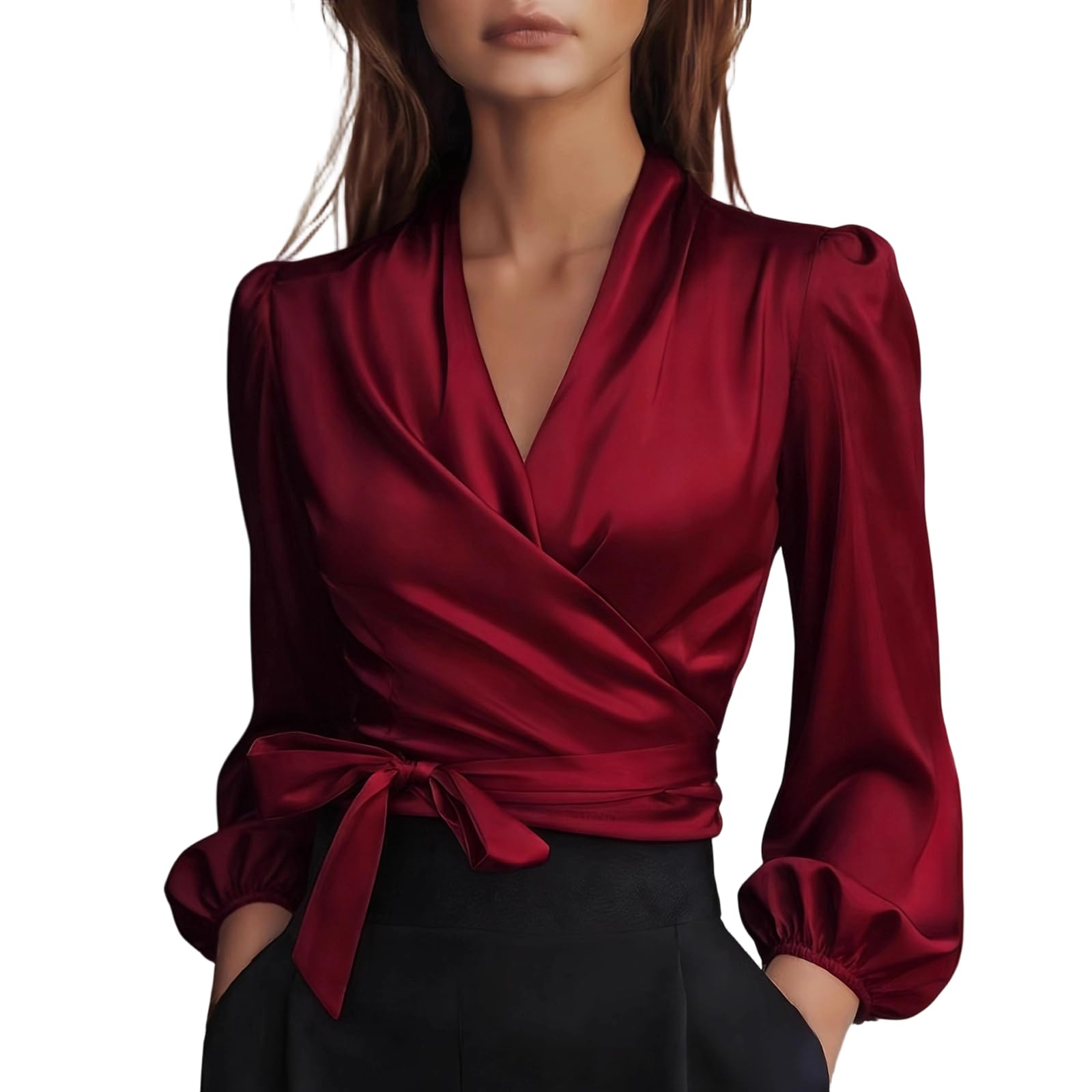 Silk Blouse for Women Elegant Wrap Satin Shirt Sexy Criss Cross Neck Long Sleeve Tie Waist Office Cocktail Formal Top
