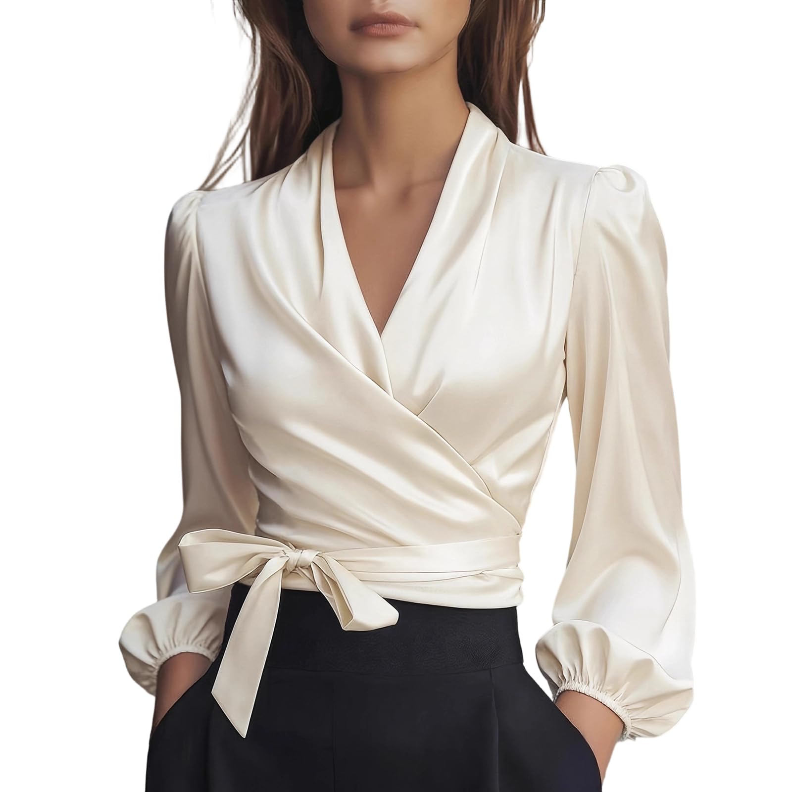 Silk Blouse for Women Elegant Wrap Satin Shirt Sexy Criss Cross Neck Long Sleeve Tie Waist Office Cocktail Formal Top