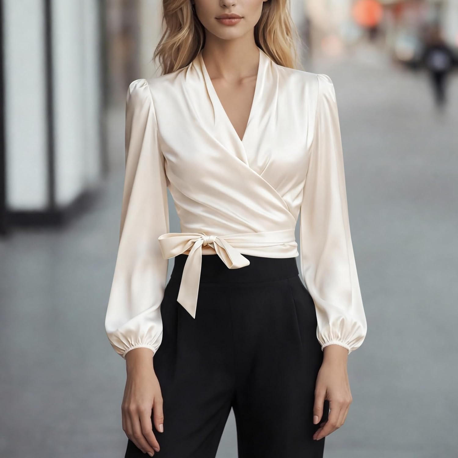 Silk Blouse for Women Elegant Wrap Satin Shirt Sexy Criss Cross Neck Long Sleeve Tie Waist Office Cocktail Formal Top