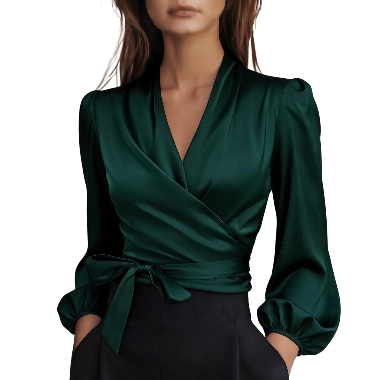 Silk Blouse for Women Elegant Wrap Satin Shirt Sexy Criss Cross Neck Long Sleeve Tie Waist Office Cocktail Formal Top