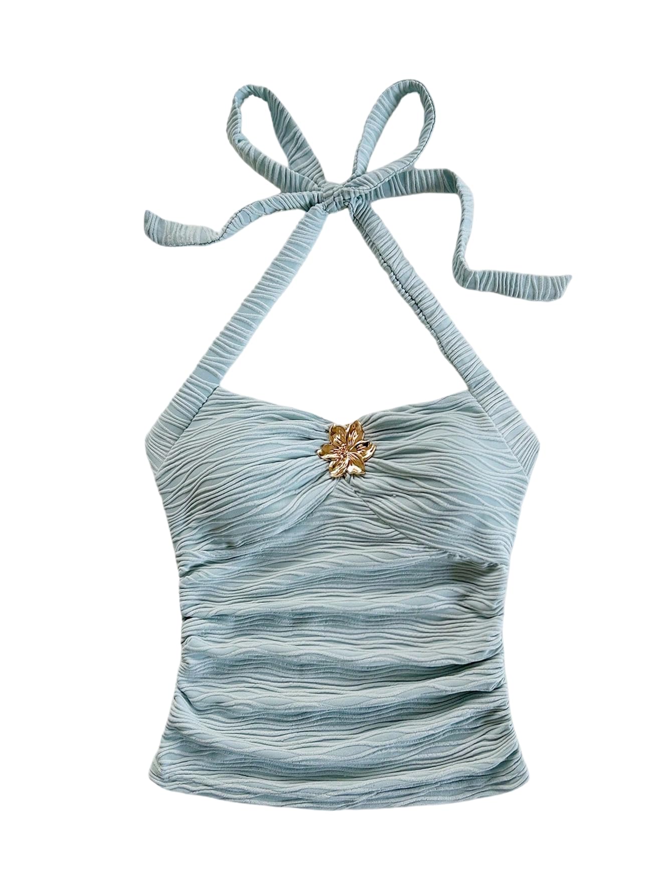 SOLY HUX Women's V Neck Halter Tops Open Back Y2k Ruched Floral Metal Summer Going Out Cami Tops