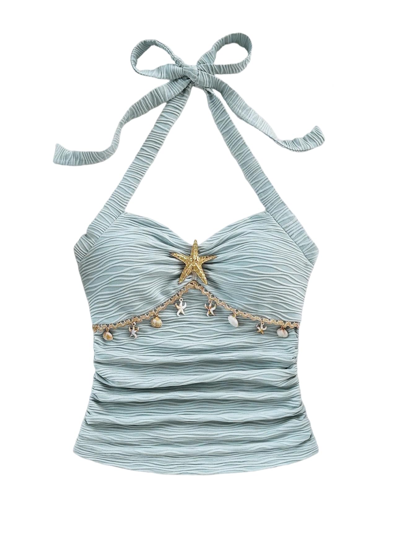SOLY HUX Women's V Neck Halter Tops Open Back Y2k Ruched Floral Metal Summer Going Out Cami Tops