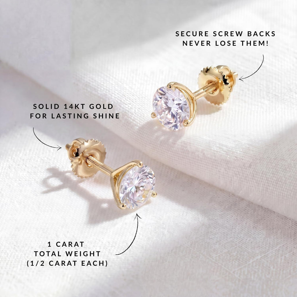 PRIVOSA — Lab Grown Diamond Stud Earrings for Women - 14K White Gold 3 Prong Martini Set - Screw Back Post - D-E VVS1 VVS2 Round Studs