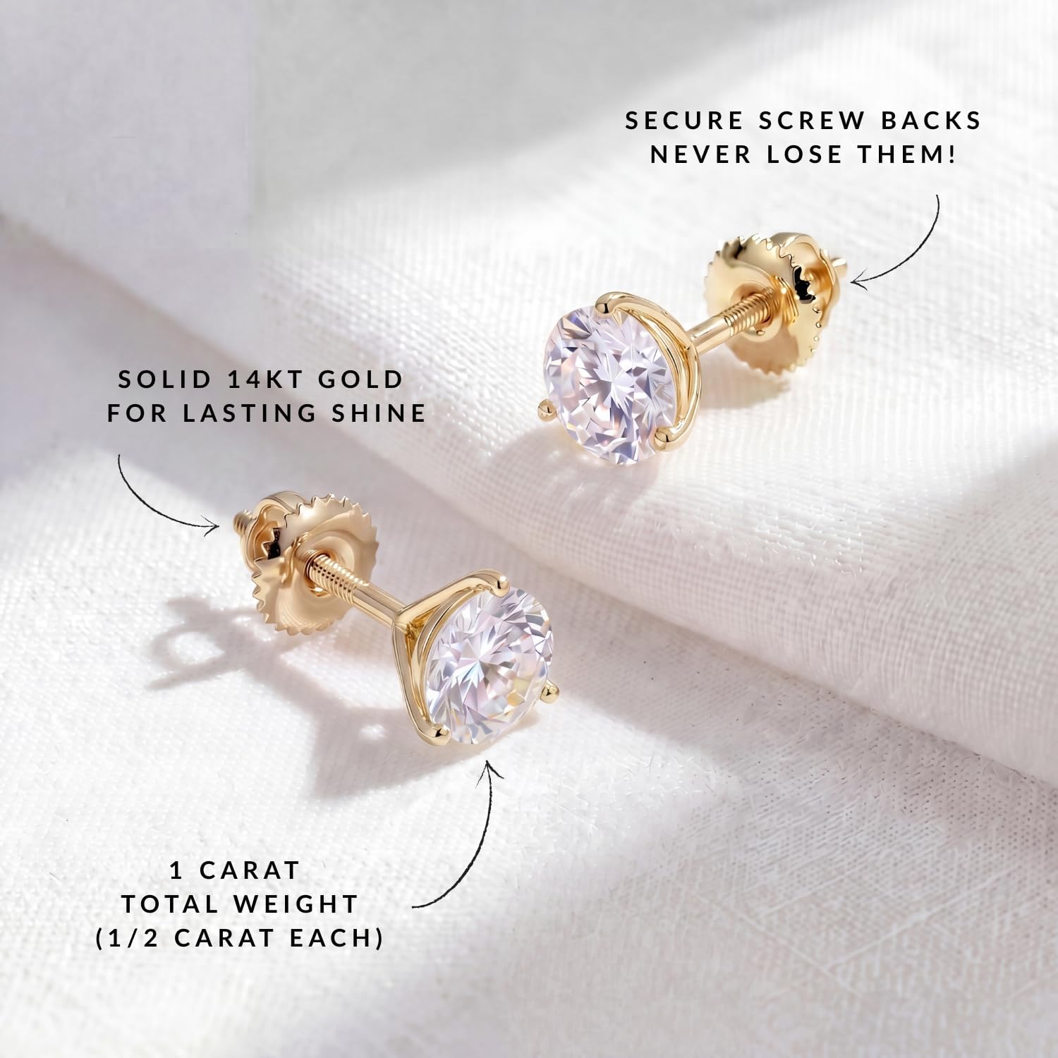PRIVOSA — Lab Grown Diamond Stud Earrings for Women - 14K White Gold 3 Prong Martini Set - Screw Back Post - D-E VVS1 VVS2 Round Studs