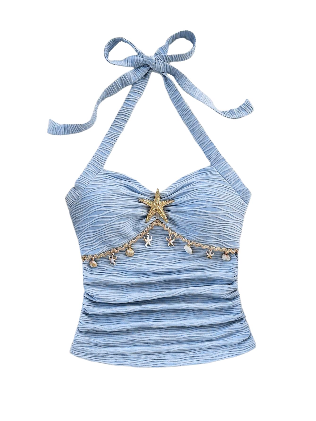 SOLY HUX Women's V Neck Halter Tops Open Back Y2k Ruched Floral Metal Summer Going Out Cami Tops