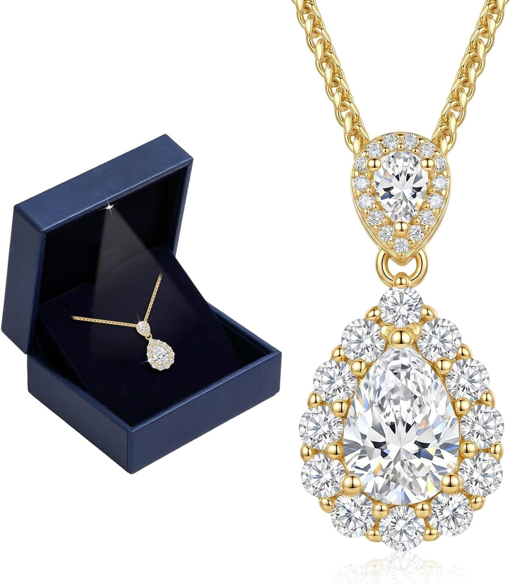 1.5ct Moissanite Necklace for Women, S925 Sterling Silver 18K Gold Plated Teardrop Pendant in Light-up Box, Anniversary Wedding Gift for Wife Her Girlfriend, Birthday Gifts for Women Jewelry