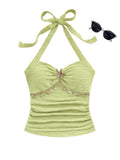 SOLY HUX Women's V Neck Halter Tops Open Back Y2k Ruched Floral Metal Summer Going Out Cami Tops