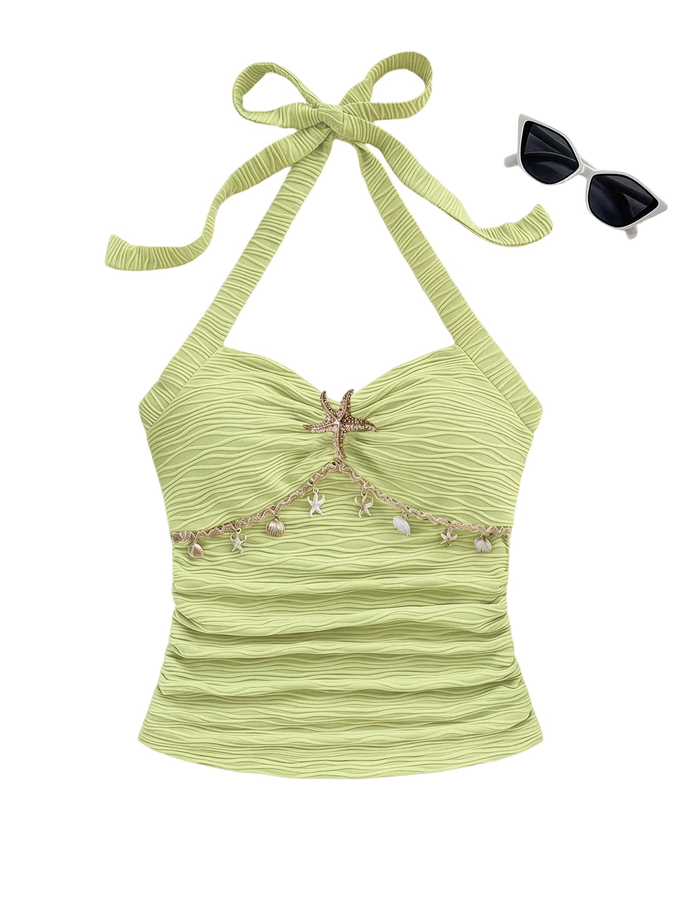 SOLY HUX Women's V Neck Halter Tops Open Back Y2k Ruched Floral Metal Summer Going Out Cami Tops
