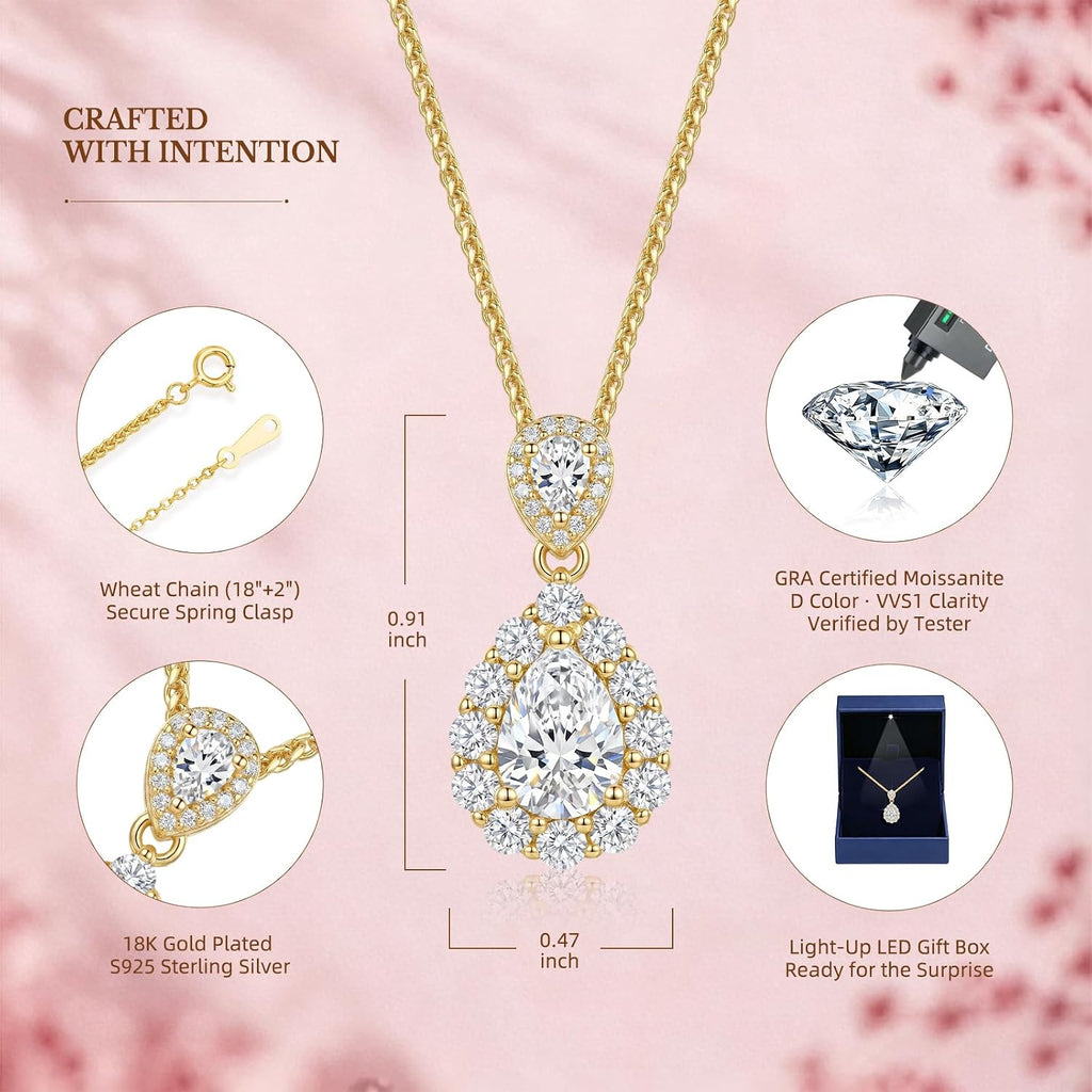 1.5ct Moissanite Necklace for Women, S925 Sterling Silver 18K Gold Plated Teardrop Pendant in Light-up Box, Anniversary Wedding Gift for Wife Her Girlfriend, Birthday Gifts for Women Jewelry