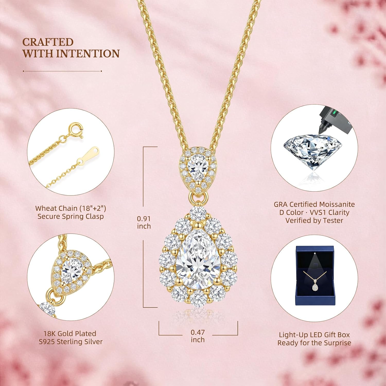 1.5ct Moissanite Necklace for Women, S925 Sterling Silver 18K Gold Plated Teardrop Pendant in Light-up Box, Anniversary Wedding Gift for Wife Her Girlfriend, Birthday Gifts for Women Jewelry