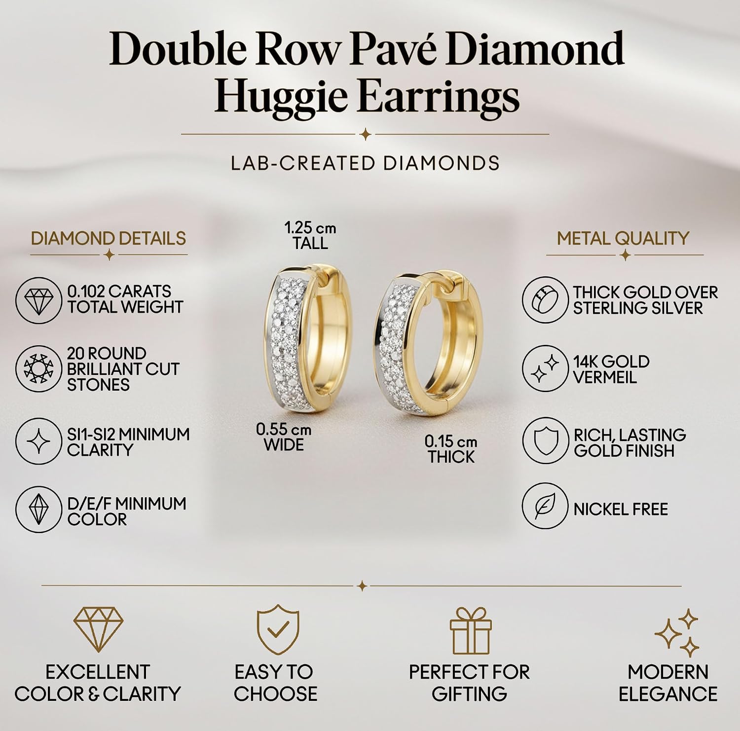 Gold Vermeil Double Row Pavé Diamond Huggie Earrings | Minimalist Hoops, Lab-Created Diamonds