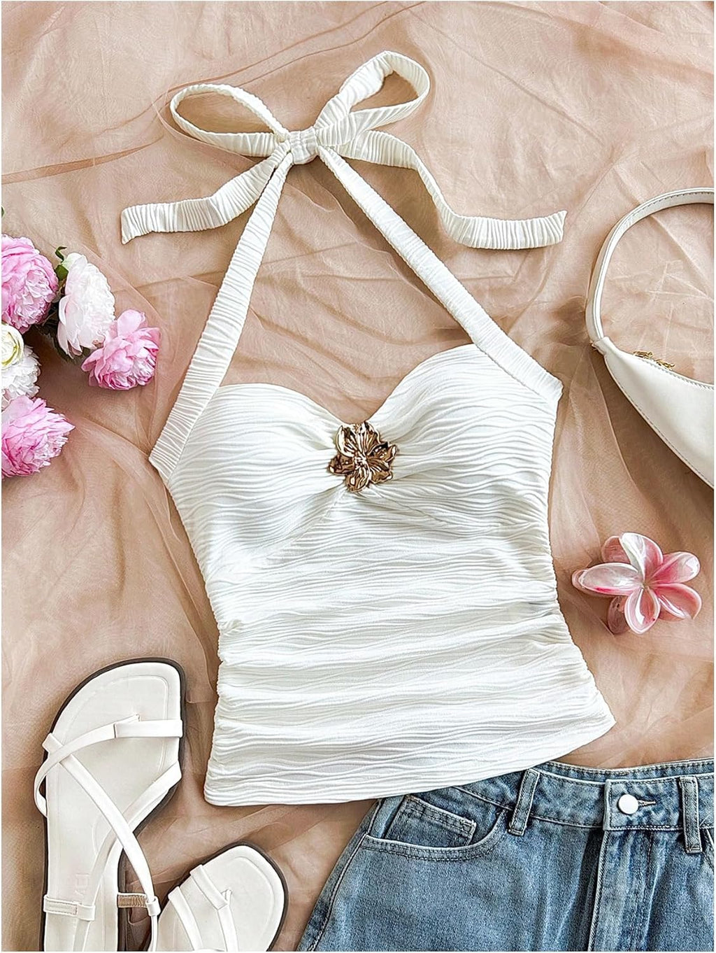 SOLY HUX Women's V Neck Halter Tops Open Back Y2k Ruched Floral Metal Summer Going Out Cami Tops